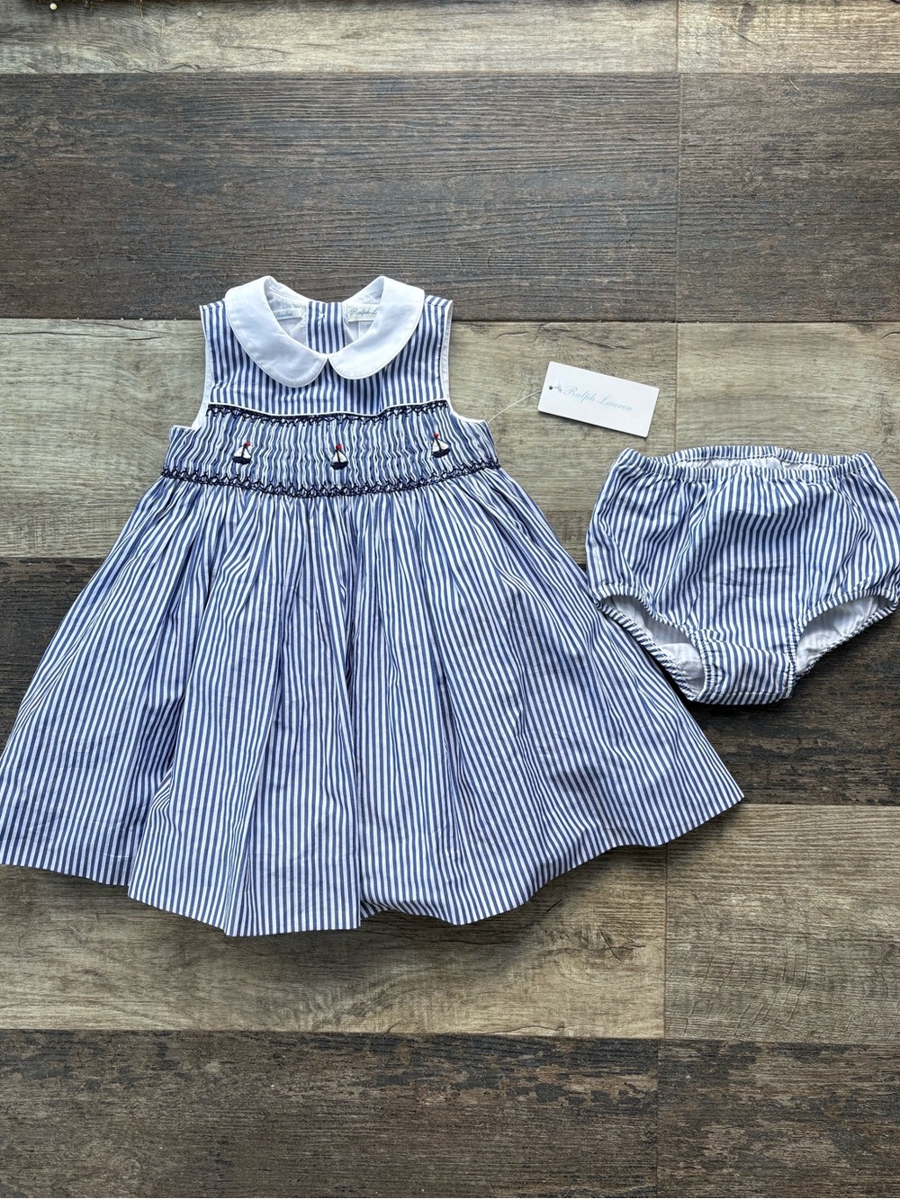 Ralph Lauren Navy & White Striped hand Smocked sailor boat Dress with Bloomer